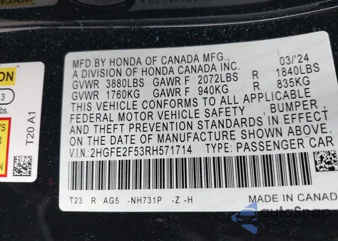 2024 Honda Civic Sport from USA, damaged, VIN 2HGFE2F53RH571714